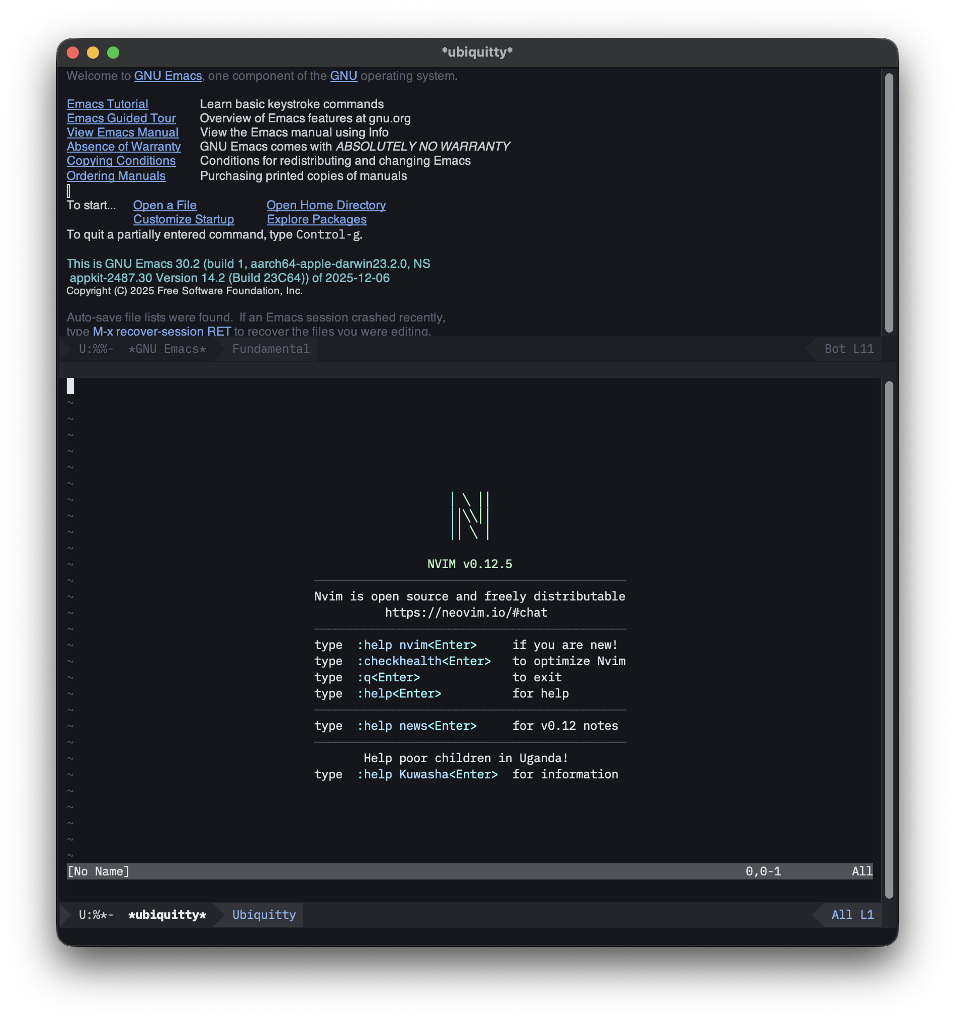 An Emacs GUI window split between its welcome buffer and Neovim running in the Ubiquitty client, in Noir.