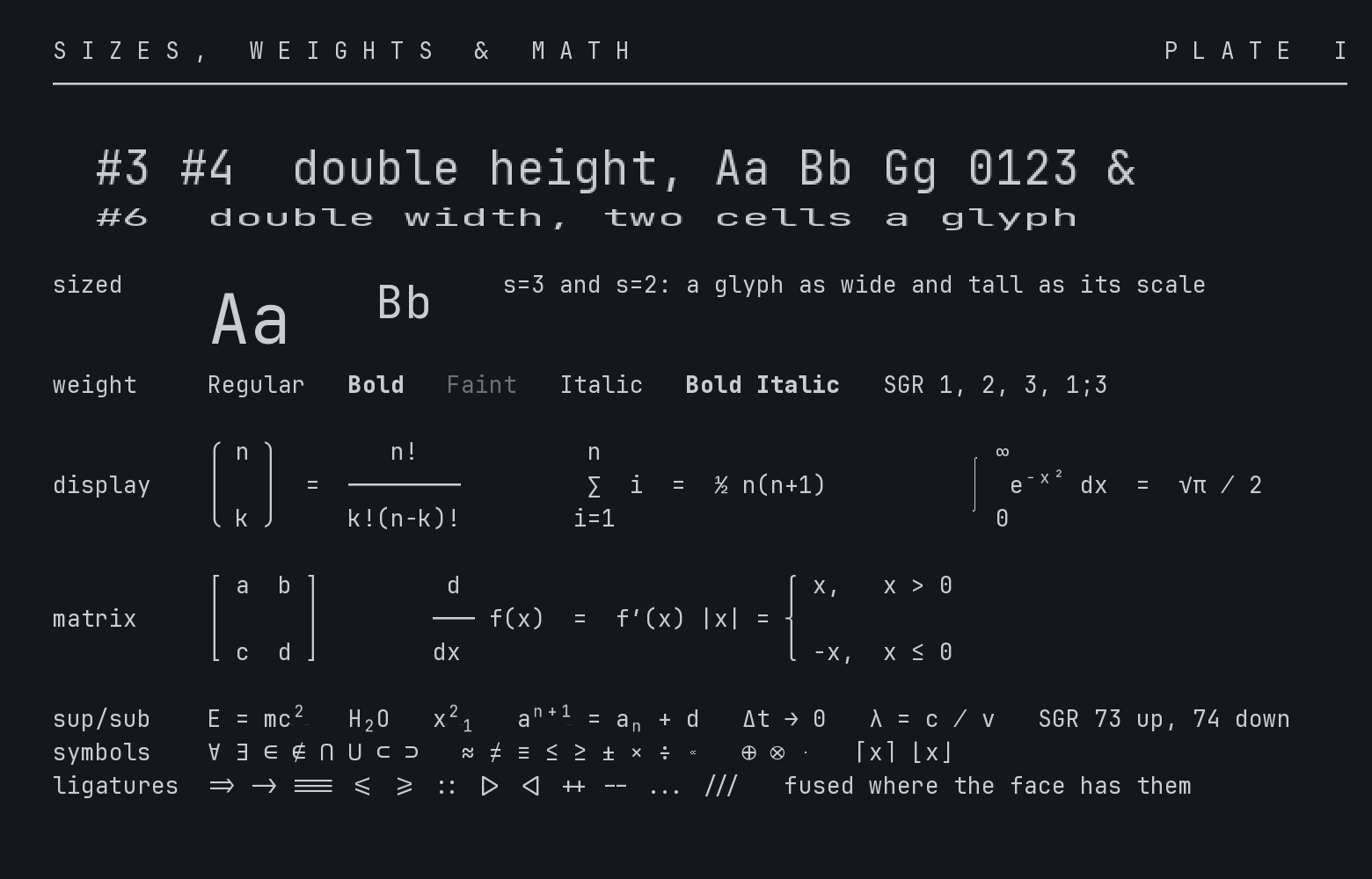 Plate I in Noir on Linux: the same double-size lines, text sizes, weights and mathematics as the macOS plate.