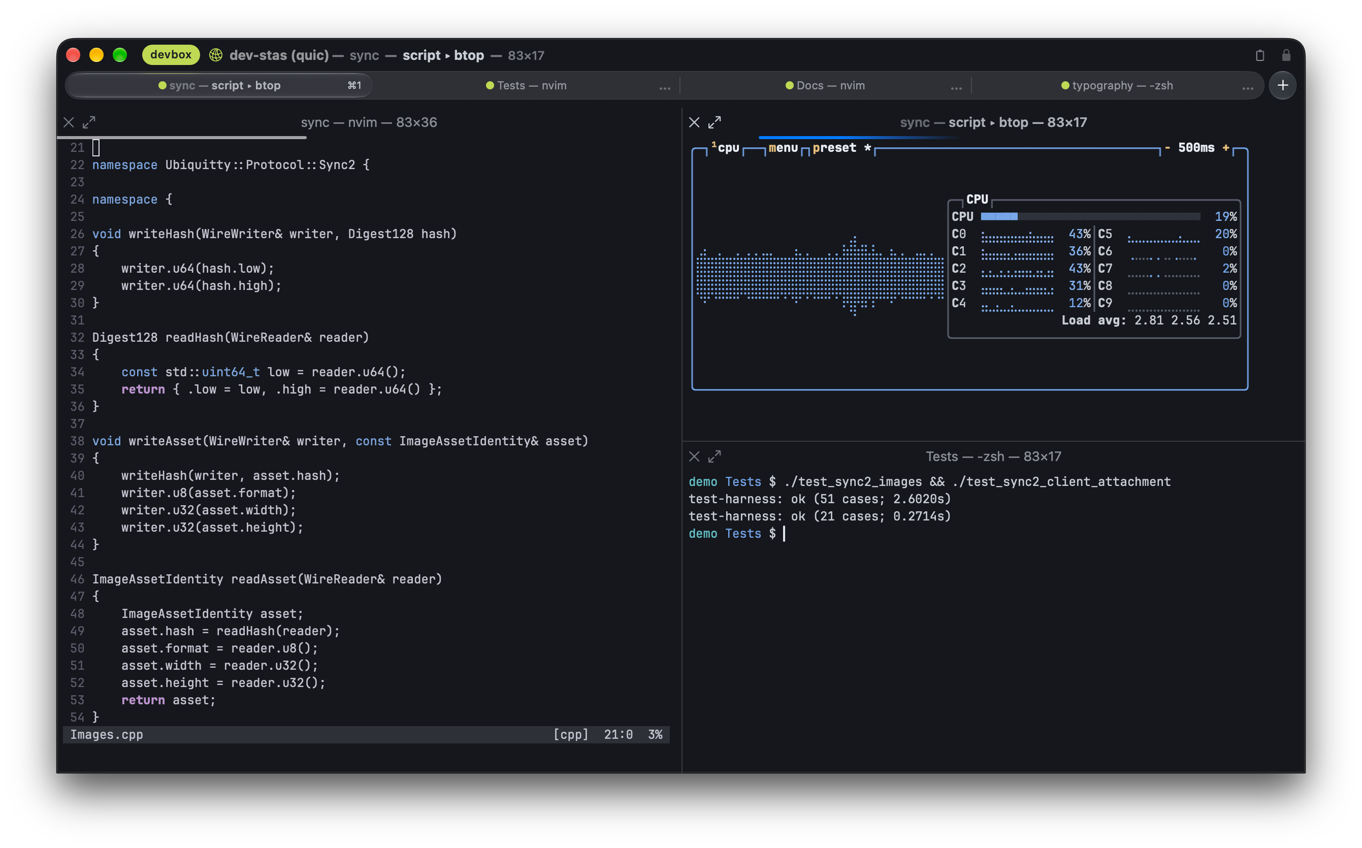 A QUIC workspace in Noir with four tabs, a green devbox tag, source code, passing tests, live braille CPU graphs and blue pane progress.