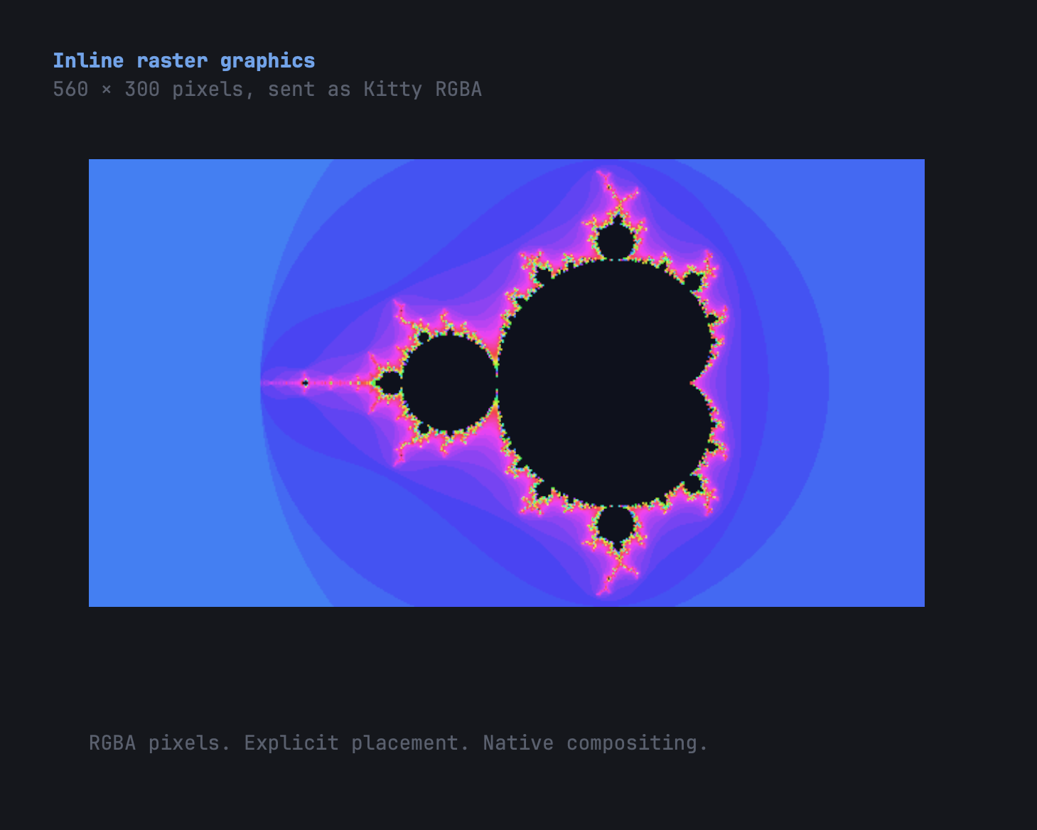 A Mandelbrot view drawn as a Kitty RGBA image inside a terminal, above explanatory grid text.