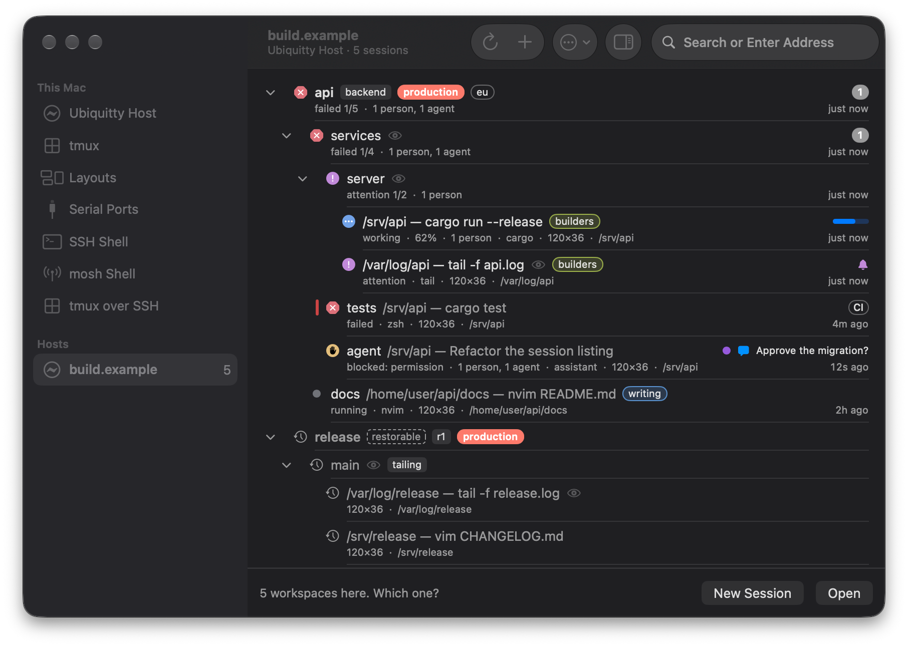 Connect browsing build.example: the api workspace contains a running build, logs needing attention, failed tests, an agent asking for approval and documentation. The tree shows tabs, panes, tags, process names, directories, terminal sizes and attached people and agents, with a restorable release workspace below.