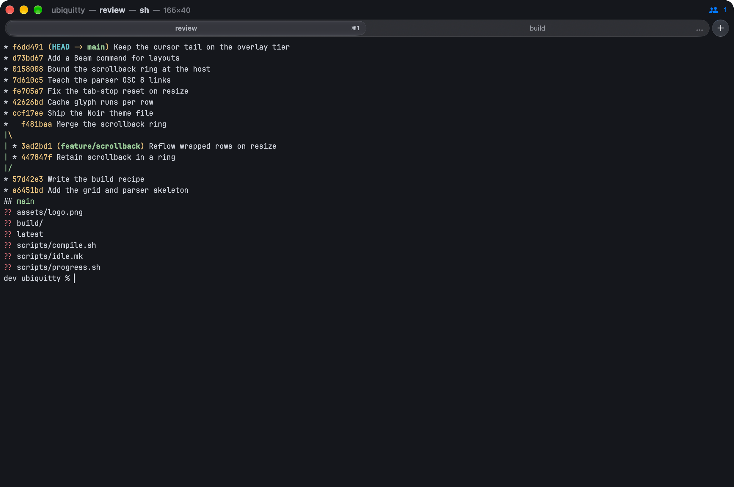 A terminal window with two tabs, review and build, showing a git log graph and git status output; at the right end of the title bar a blue people icon with the number 1 shows that one agent is attached.