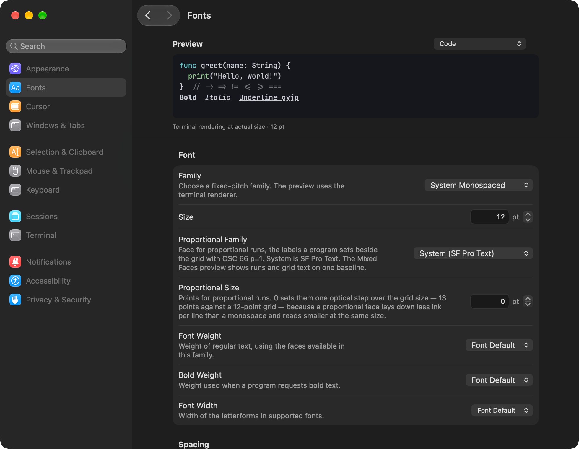 The Settings window on its Fonts page: a sidebar with Appearance, Fonts, Cursor, Windows and Tabs, Selection and Clipboard, Mouse and Trackpad, Keyboard, Sessions, Terminal, Notifications, Accessibility and Privacy and Security, and on the right a live code preview with ligatures followed by settings for family, size, proportional family and size, weight, bold weight and width.