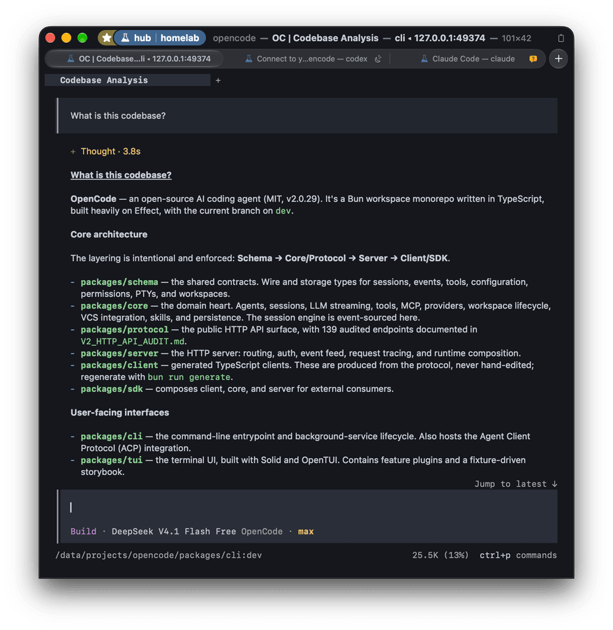 OpenCode in a native Ubiquitty window in the dark theme, attached through the Ubiquitty host to a session on a Linux machine: its answer about the OpenCode codebase set in proportional type, with package names and commands in monospace. The title bar names the host, hub, with a starred homelab tag, and the tabs name their programs: OpenCode, Codex with a sleep mark, and Claude Code with an orange question mark where it waits for an answer.