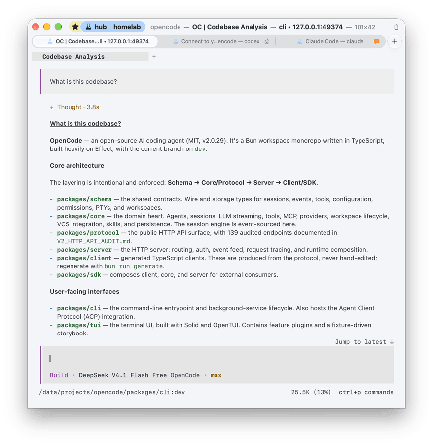 OpenCode in a native Ubiquitty window in the light theme, attached through the Ubiquitty host to a session on a Linux machine: its answer about the OpenCode codebase set in proportional type, with package names and commands in monospace. The title bar names the host, hub, with a starred homelab tag, and the tabs name their programs: OpenCode, Codex with a sleep mark, and Claude Code with an orange question mark where it waits for an answer.