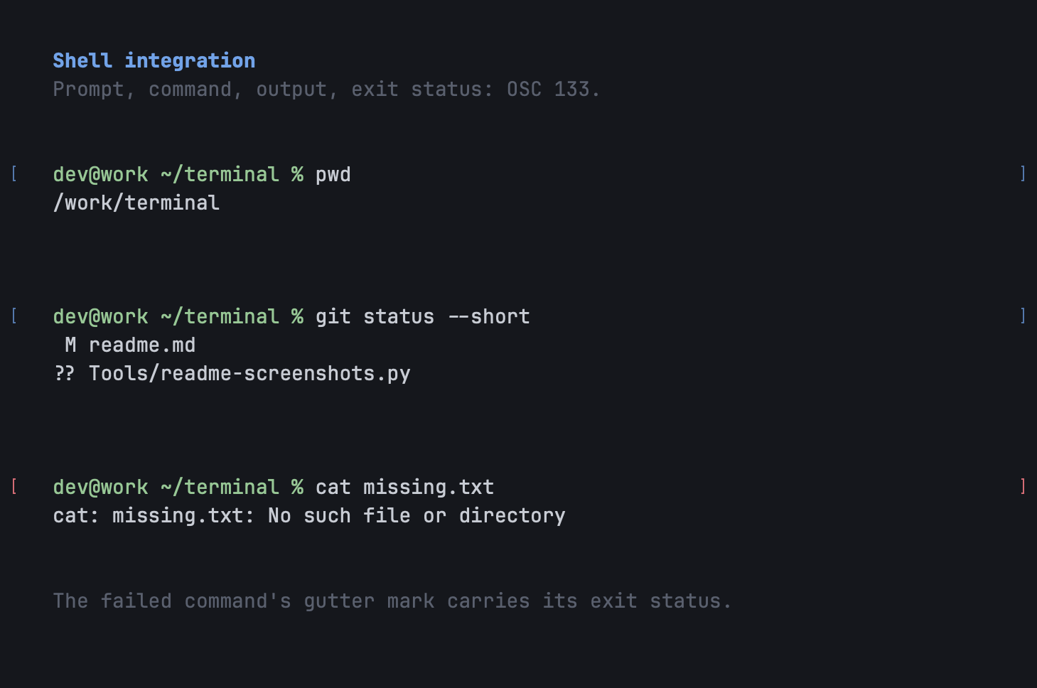 Three illustrative shell command cycles with prompt marks and one non-zero exit.