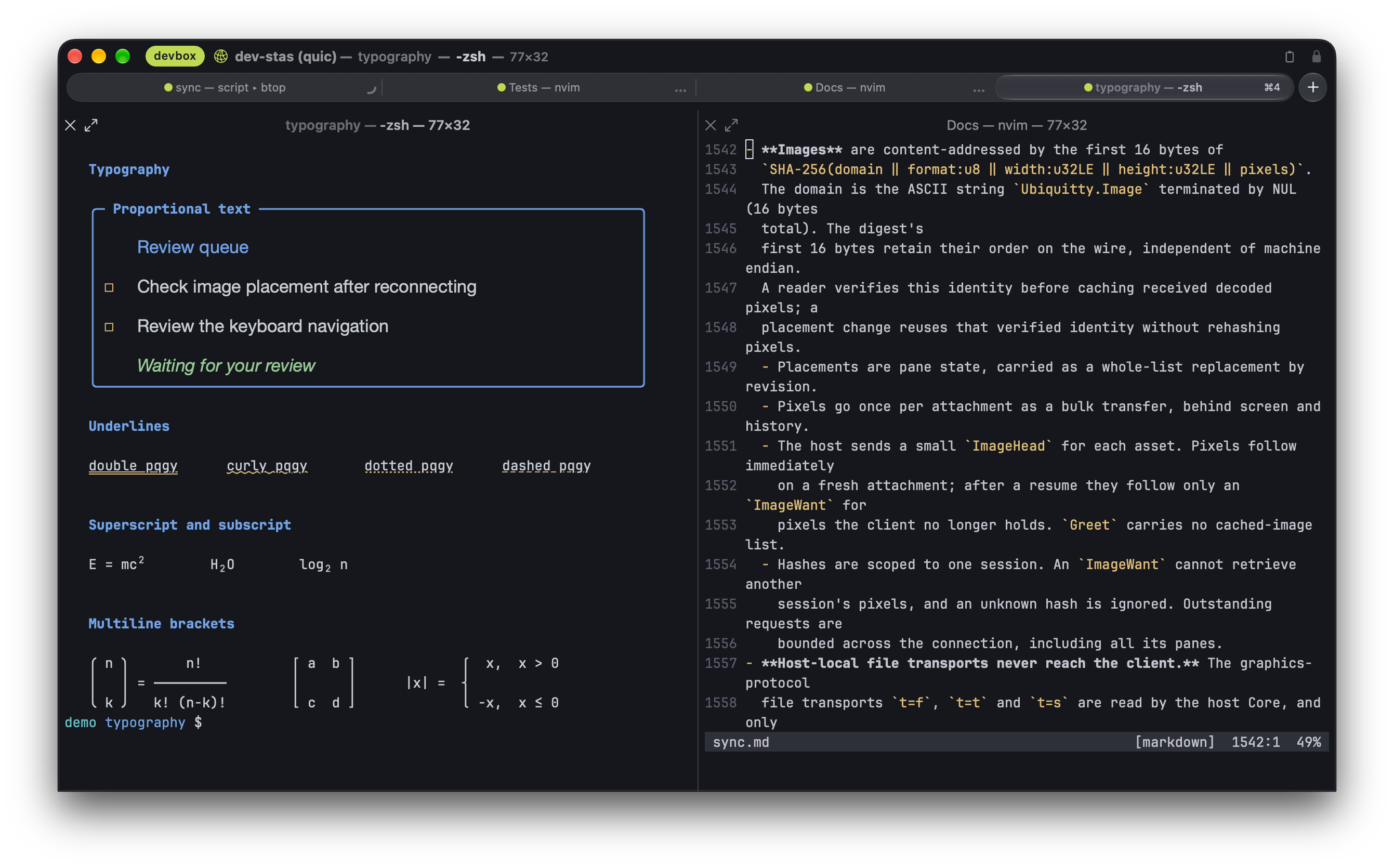 A remote typography pane with proportional text in a review-queue box, styled underlines, superscripts, subscripts and multiline mathematics beside documentation in Neovim.