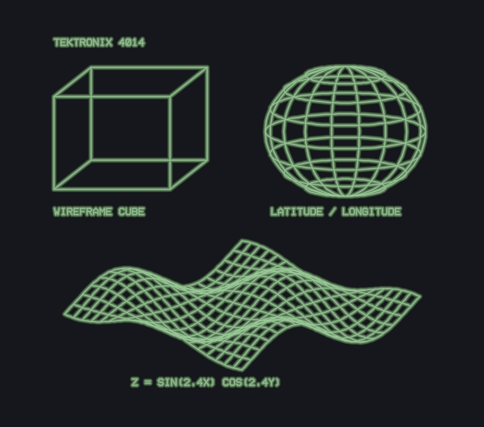 Labeled green Tektronix vectors: a wireframe cube, a latitude-and-longitude globe and a sine mesh, with its formula beneath.